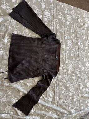 Zara Dark Brown Sheer Striped Long-Sleeve Blouse